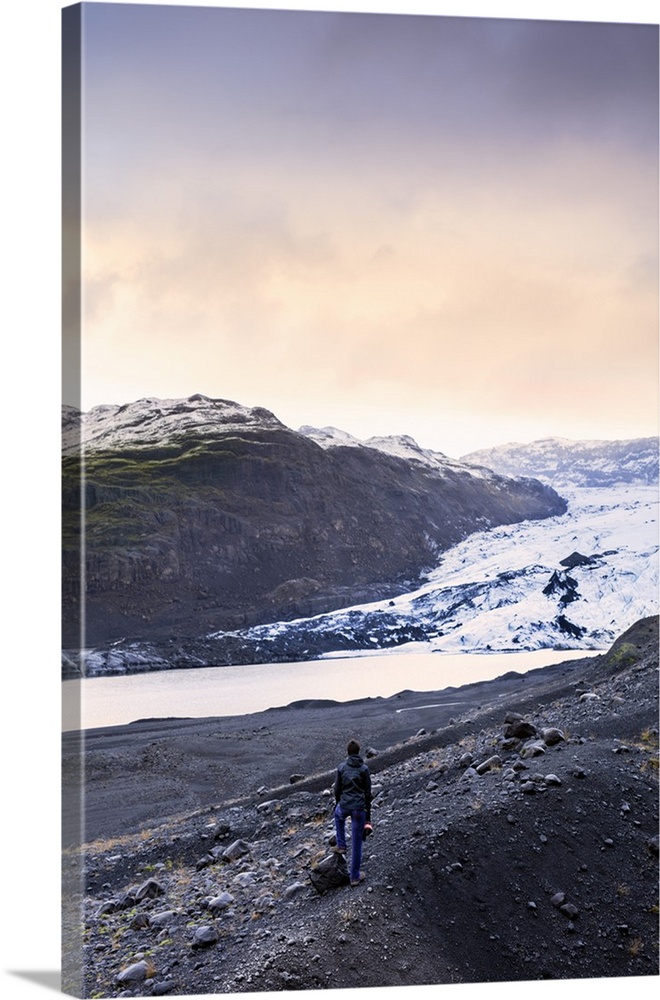 Hiker in front of the Vatnajokull glacier in Vatnajokull National Park in southeast Iceland, Polar Regions