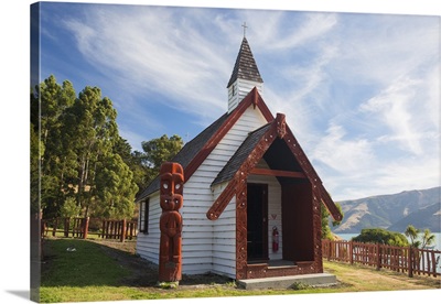 Historic Maori church on hillside above Akaroa Harbour