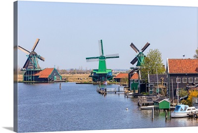 Historic windmills and houses in Zaanse Schans, North Holland, Netherlands