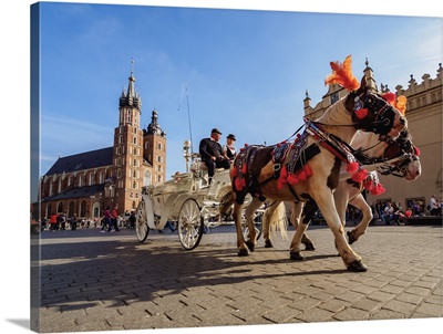Horse Carriage with St. Mary Basilica in the background, Cracow, Poland