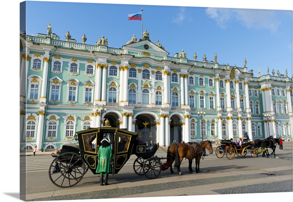 Horse drawn carriages in front of the Winter Palace, Palace Square, St. Petersburg, Russia