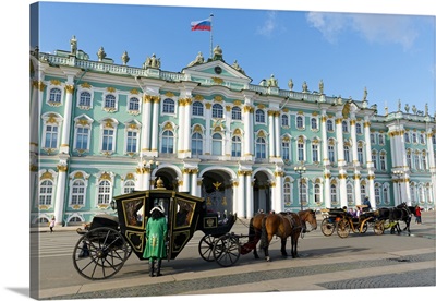 Horse drawn carriages in front of the Winter Palace, St. Petersburg, Russia
