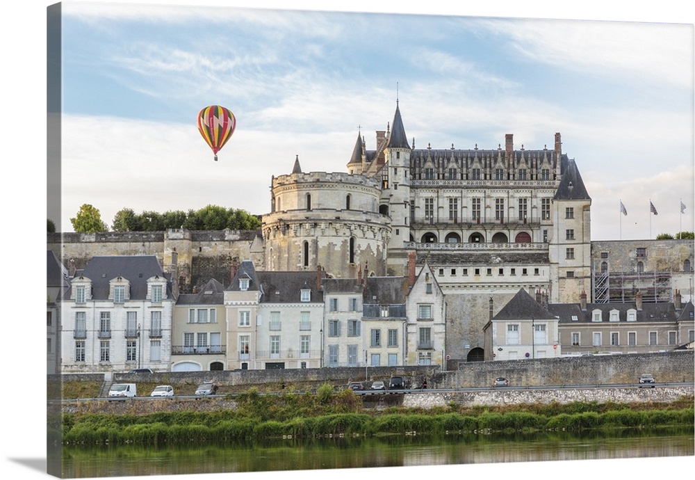 Hot-air balloon in the sky above the castle, Amboise, Indre-et-Loire, Loire Valley, France