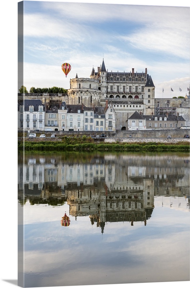 Hot-air balloon in the sky above the castle, Amboise, Indre-et-Loire, Loire Valley, France