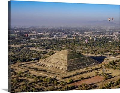 Hot Air Balloons Flying Over The Pyramid Of The Sun And Avenue Of The Dead, Mexico