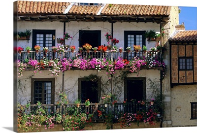 House with balconies and flowers, Santilla del Mar, Cantabria, Spain