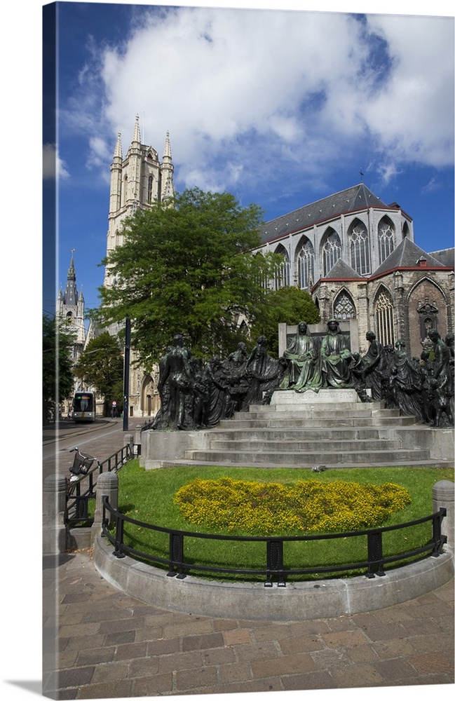 Hubert and Jan van Eyck Monument outside Saint Bavo Cathedral, city centre, Ghent, West Flanders, Belgium, Europe