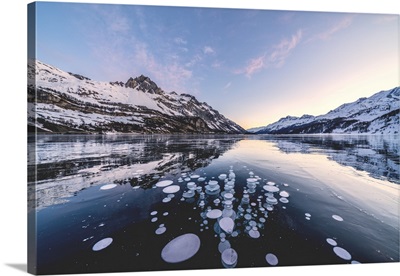 Ice Bubbles Trapped In Lake Sils, Engadine, Canton Of Graubunden, Switzerland