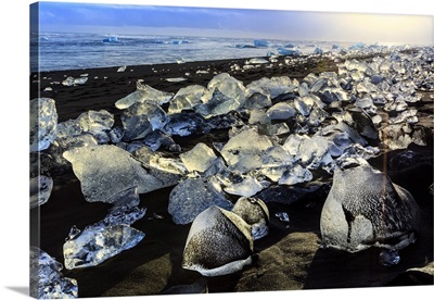 Icebergs on a black sand volcanic beach in Vatnajokull National Park