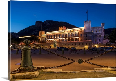 Illuminated Prince's Palace At Dusk, Monaco, Cote d'Azur, French Riviera, Mediterranean