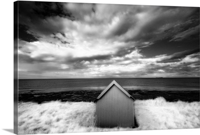 Infrared image of hut in dunes overlooking the North Sea, Bamburgh, England
