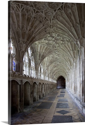 Interior of cloisters with fan vaulting, Gloucestershire, England, UK
