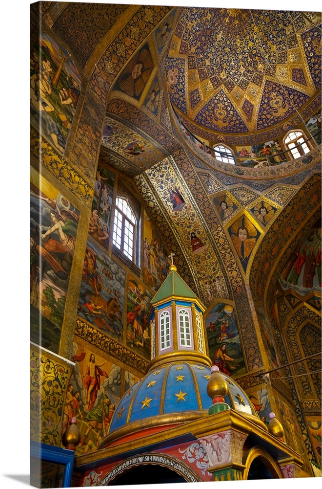 Interior of dome of Vank (Armenian) Cathedral with Archbishop's throne in foreground, Isfahan, Iran, Middle East