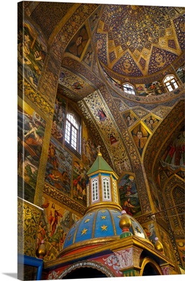Interior of dome of VankCathedral with Archbishop's throne in foreground, Isfahan, Iran