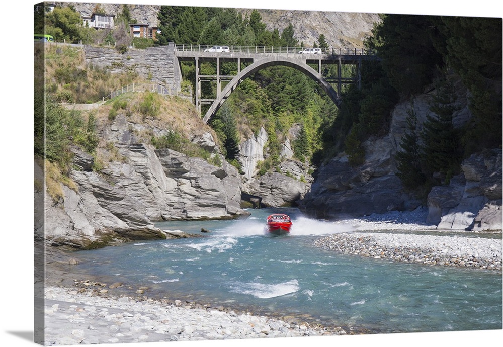 Jet boat on the Shotover River below the Edith Cavell Bridge, Queenstown, Queenstown-Lakes district, Otago, South Island, ...