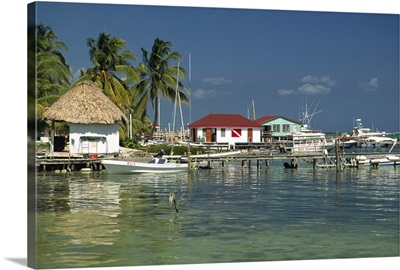 Jetties and buildings at Ambergris Caye on Main Dive Island in Belize