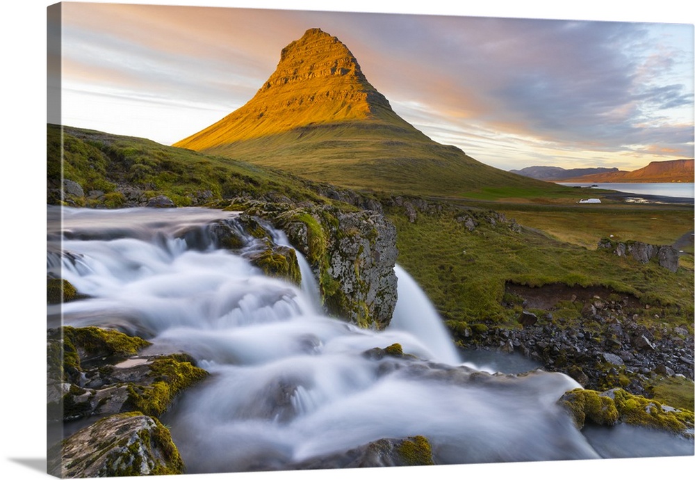 Kirkjufell Mountain and Kirkjufoss Waterfall at sunset, Snaefellsnes Peninsula, Iceland, Polar Regions