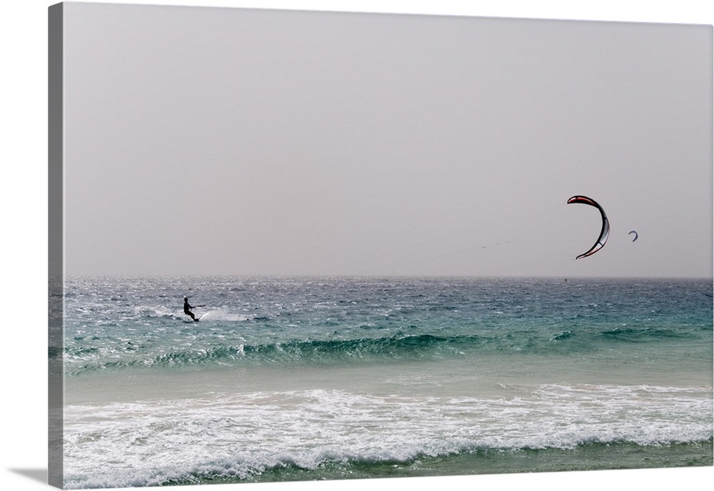 Kite surfing at Santa Maria on the island of Sal, Cape Verde Islands, Africa
