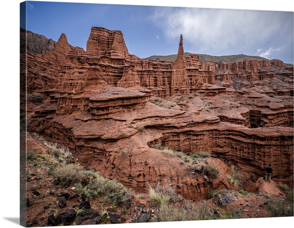 Kok-Moinok Canyon, a clay-sand structure formed on the slopes of arid mountains cut by water streams, Kyrgyzstan, Central ...