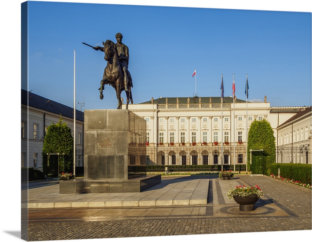 Krakowskie Przedmiescie Street, Presidential Palace and Prince Jozef Poniatowski Statue, Warsaw, Masovian Voivodeship, Poland