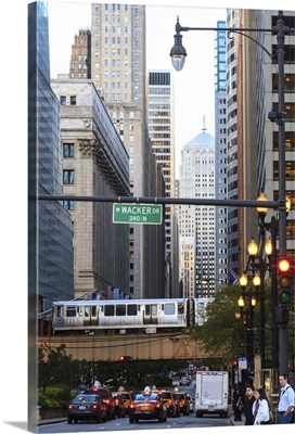 L train on elevated track crosses South LaSalle Street, Chicago, Illinois