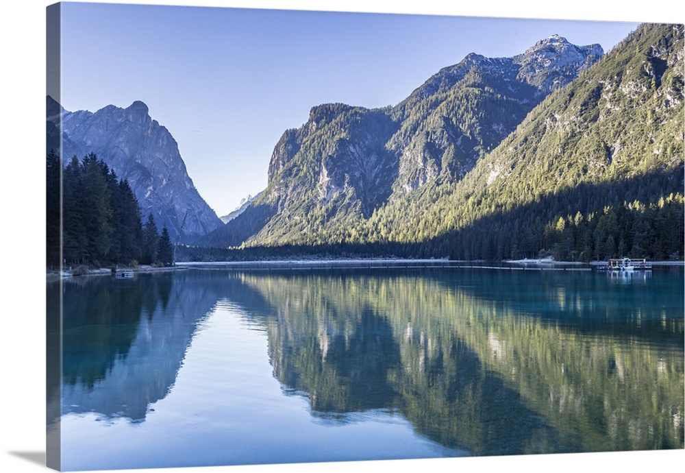 Lago di Dobbiaco (Toblacher See) in the Italian Dolomites, South Tyrol, Italy, Europe