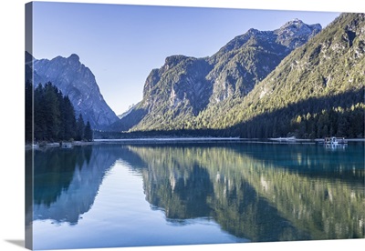 Lago di Dobbiaco in the Italian Dolomites, South Tyrol, Italy