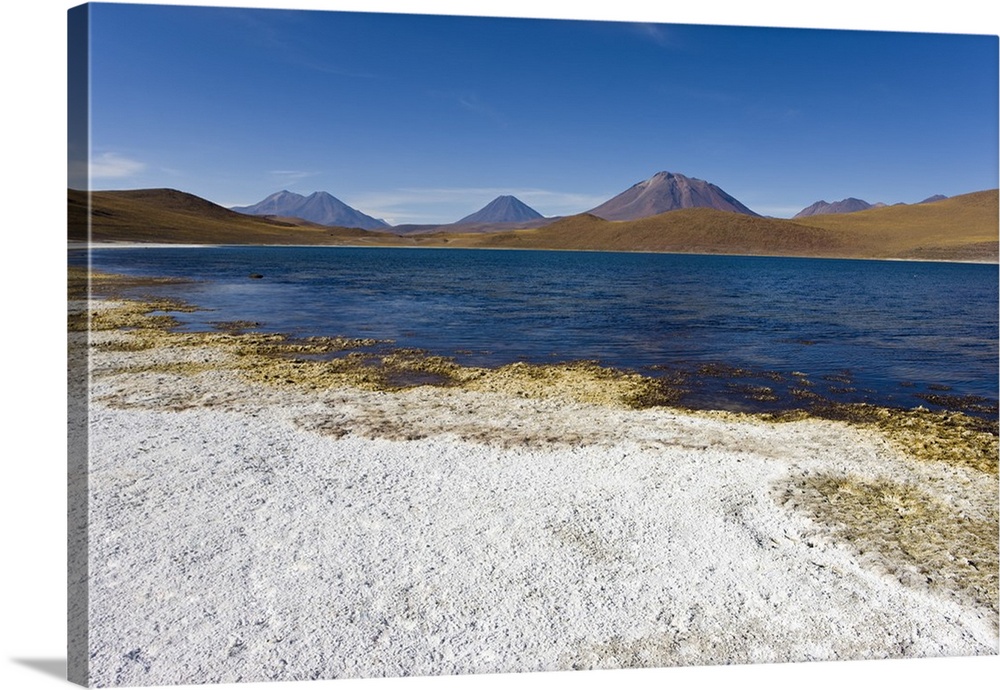 Laguna Miscanti at an altitude of 4300m and the peak of Cerro Miscanti at 5622m, Los Flamencos National Reserve, Atacama D...