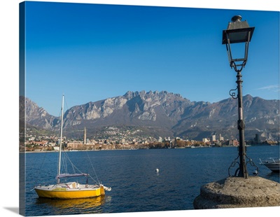 Lake of Lecco with the city of Lecco in the background, Lombardy, Italy