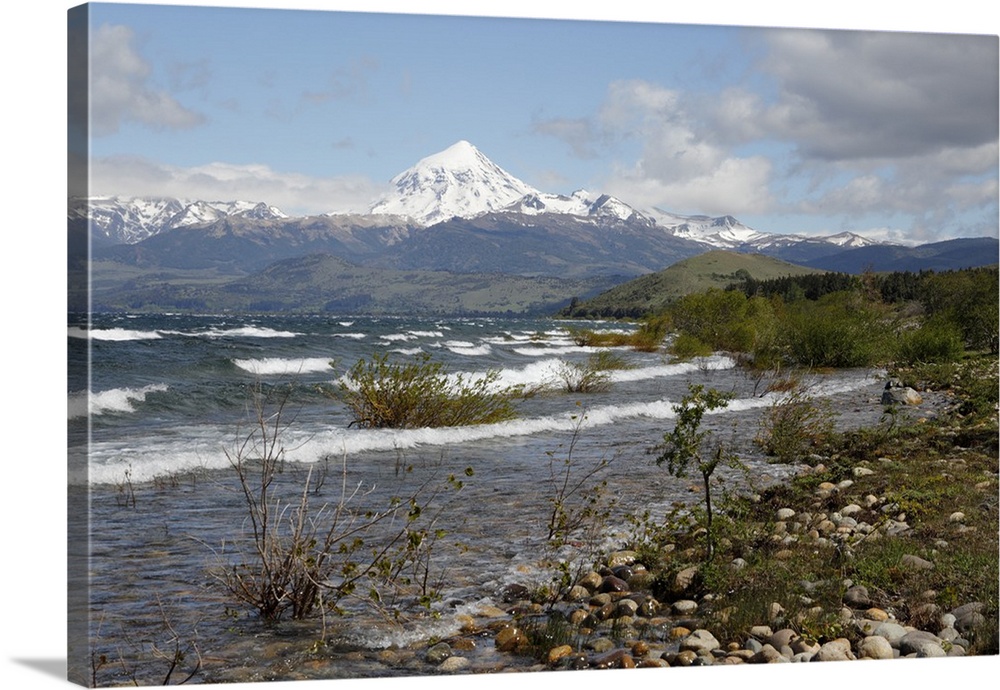 Lanin volcano and Lago Huechulafquen, Lanin National Park, near Junin de los Andes, The Lake District, Argentina, South Am...