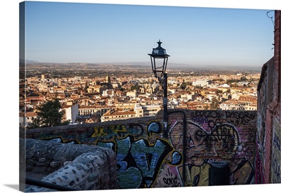 Lantern And Street Art Walls In Front Of The Skyline, Granada, Andalusia, Spain