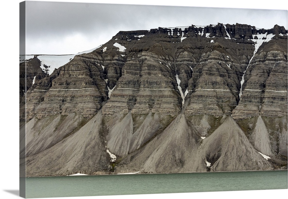 Large alluvial fans along wall of Tempelfjorden, Spitsbergen, Svalbard, Arctic, Norway, Europe
