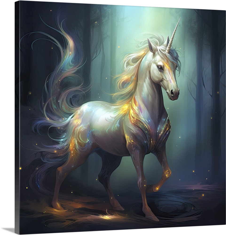Legendary Unicorn with a single large, pointed and spiraling horn in a mystical environment, AI Generated