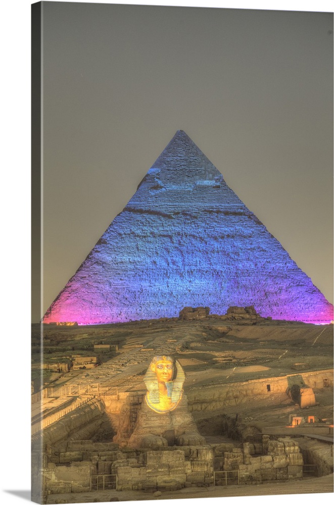 Light Show, Sphinx, Khafre Pyramid in the background, Great Pyramids of Giza, UNESCO World Heritage Site, Giza, Egypt, Nor...