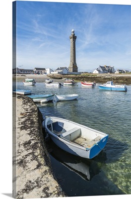 Lighthouse with pier and boats, Penmarch, Finistere, Brittany, France