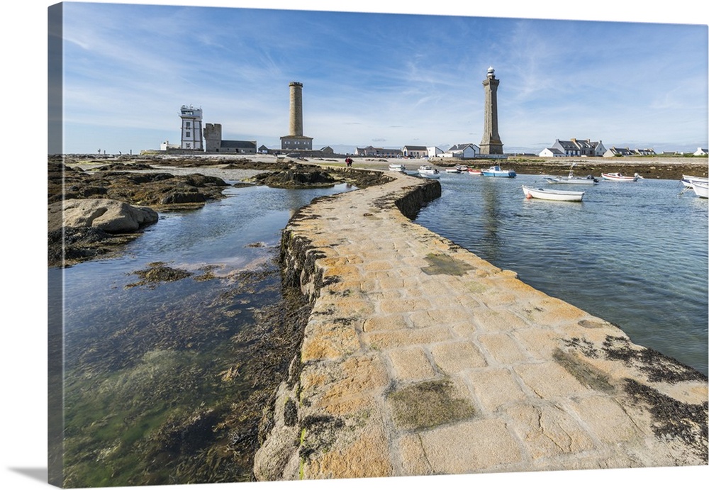 Lighthouses with pier and boats, Penmarch, Finistere, Brittany, France