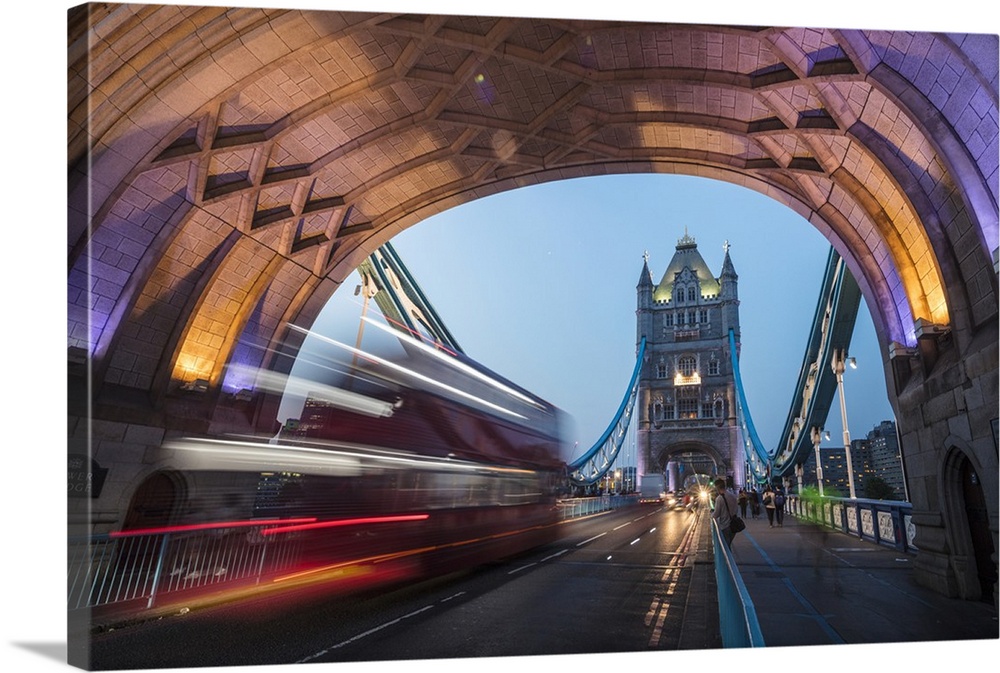 Lights on Tower Bridge over the River Thames with a typical double decker bus, London, England, United Kingdom, Europe