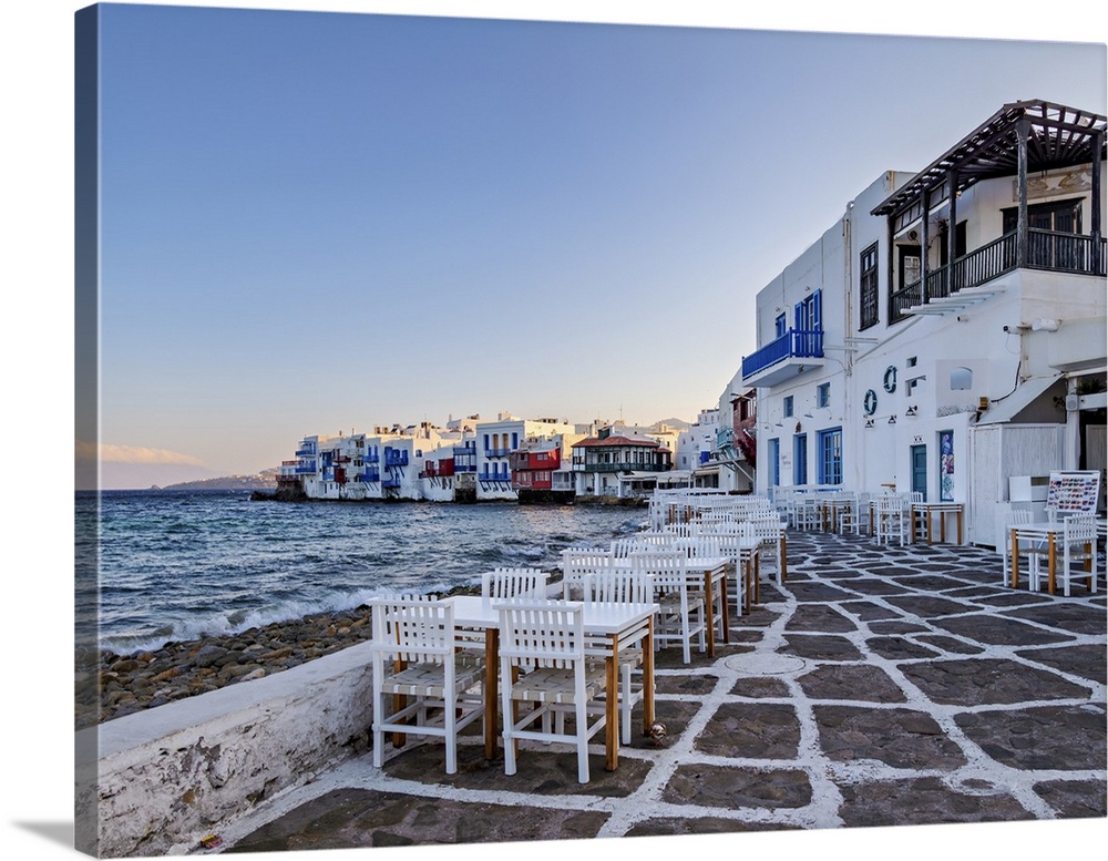 Little Venice at sunrise, Chora, Mykonos Town, Mykonos Island, Cyclades, Greek Islands, Greece, Europe