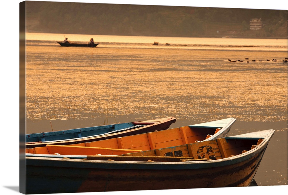 Local fishing boats on Phewa Lake at sunset, Gandak, Nepal, Asia