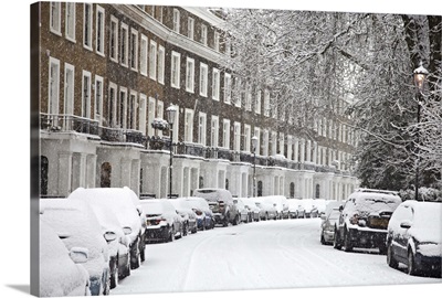 London street in snow, Notting Hill, London, England, United Kingdom, Europe