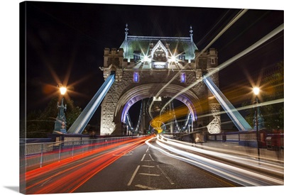 Long Exposure Of Traffic Over Tower Bridge At Dusk, London, England