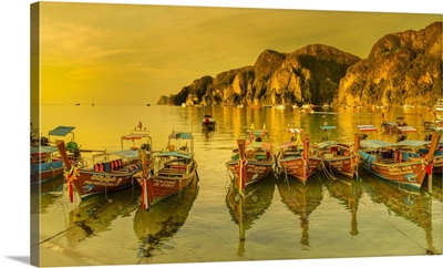 Long Tail Boats At Sunrise, Ko Phi Khi Don Island, Krabi, Thailand
