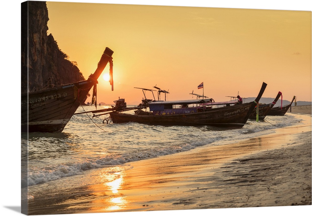 Longtail boats at Phra Nang Beach at sunset, Rai Leh Peninsula, Krabi Province, Thailand, Southeast Asia, Asia