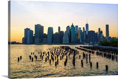 Lower Manhattan skyline across the East River at sunset, New York City, New York