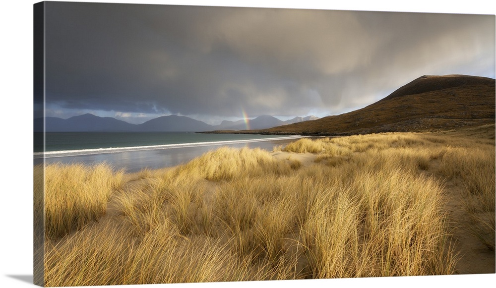 Luskentyre Beach with a rainbow in the background, Isle of Harris, Outer Hebrides, Scotland, United Kingdom, Europe