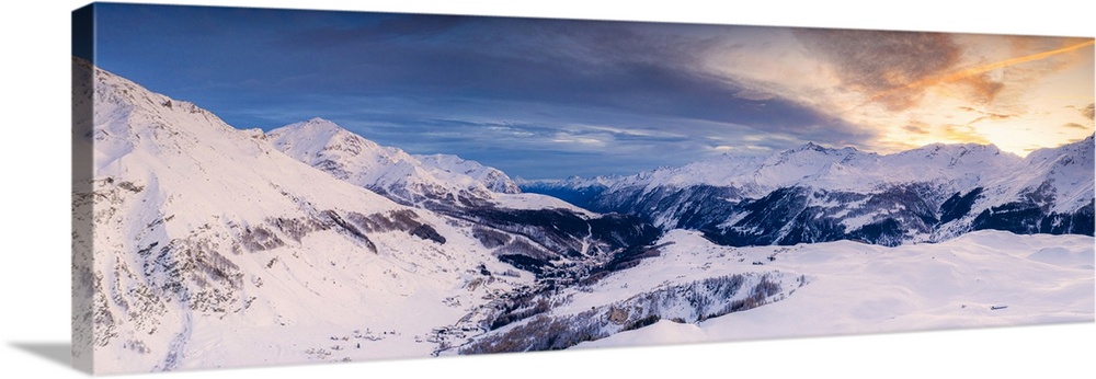 Aerial panoramic by drone of Madesimo and Andossi during a winter sunset, Valchiavenna, Valtellina, Lombardy, Italy, Europe