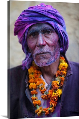 Man Celebrating Holi Festival, Nandgaon, Uttar Pradesh, India, Asia