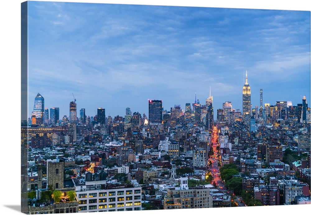 Manhattan skyline at dusk, New York City, United States of America, North America