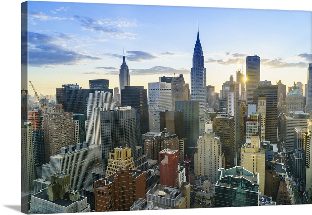 Manhattan skyline, Empire State Building and Chrysler Building at sunset, New York City, United States of America, North A...