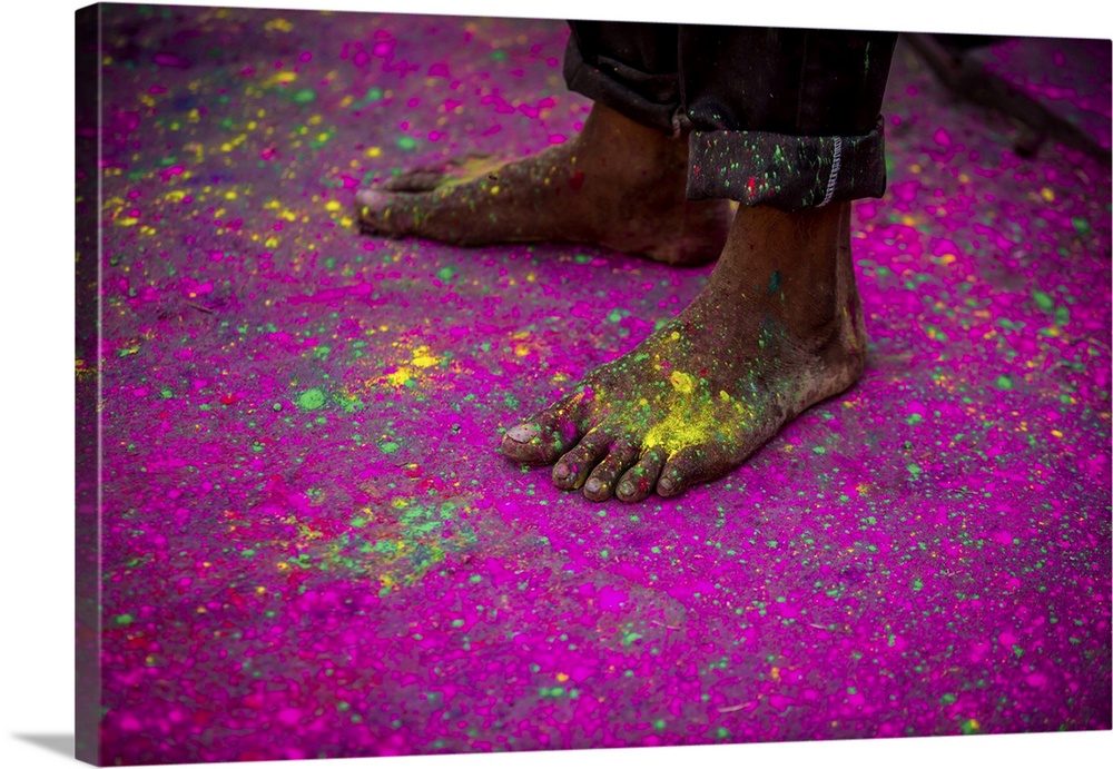 Man's bare feet during the color pigment throwing festival, Holi Festival, Vrindavan, Uttar Pradesh, India, Asia
